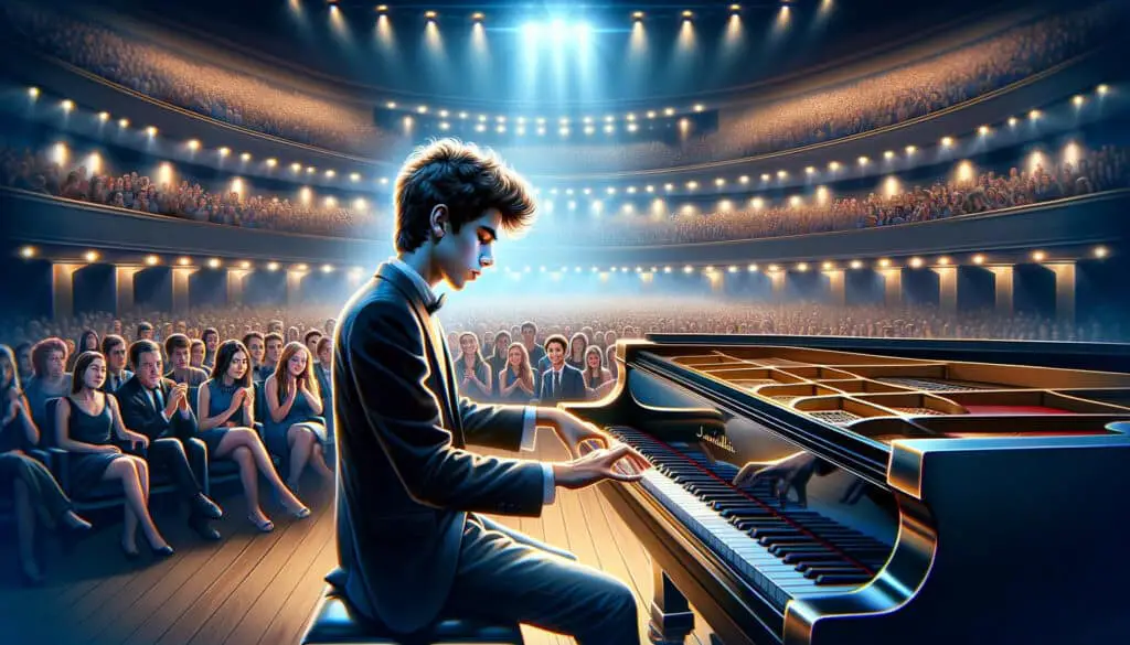 Here is the image illustrating David's story of defying the odds and never giving up on his dream of becoming a renowned pianist.